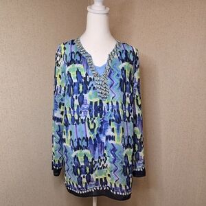 Valerie Stevens Watercolor Beaded Studded V-Neck Pullover Tunic with Cami  Sz: L